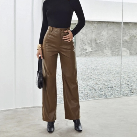 Brown Straight Leg Leather Pants